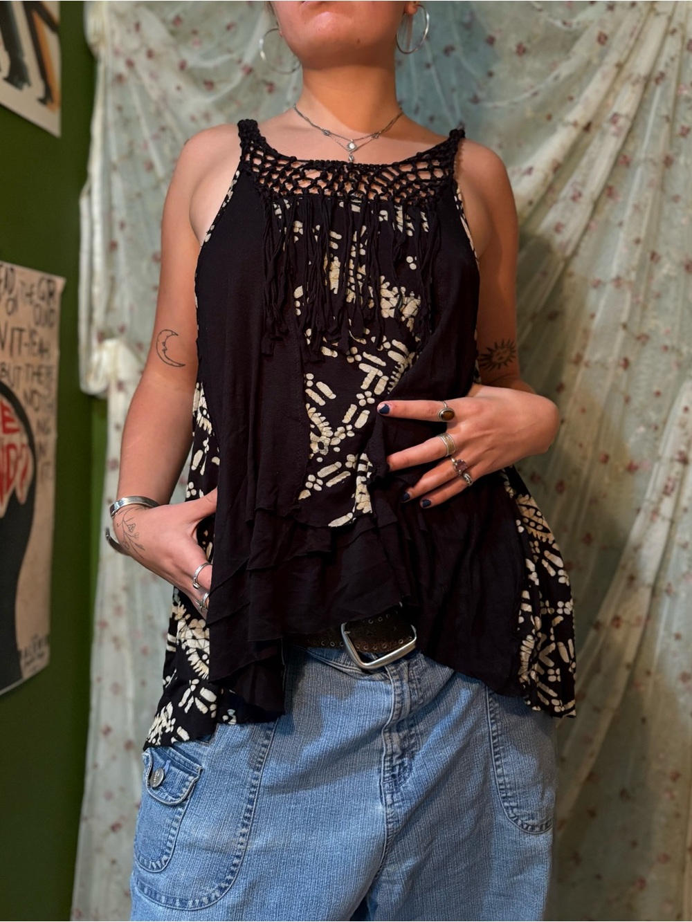 Free People Black & Cream Crochet Fringe Layered Camisole